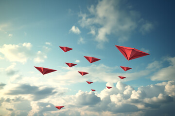 A group of paper planes converging in the sky, showcasing the collaborative power of networking and shared goals in business