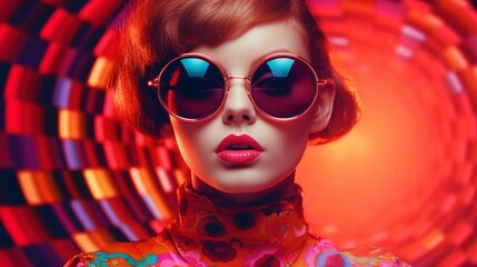 Fashion retro futuristic girl on background with circle pop art background. Woman in sunglasses in surrealistic 60s-70s disco club culture life style 