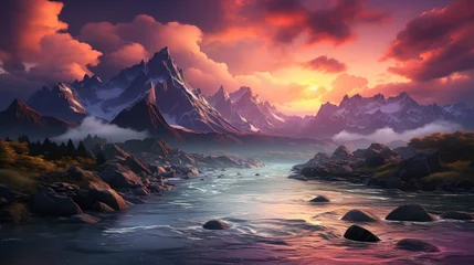 Tuinposter Stunning panoramic view of mountains at sunset with a river flowing through. The vibrant pink cloud adds a touch of beauty to this breathtaking landscape © YULIA