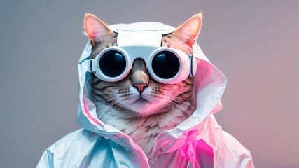 a cat wearing sunglasses and a white raincoat