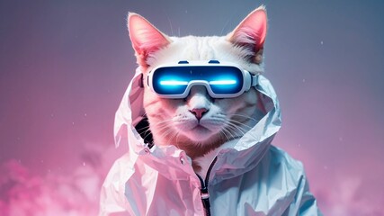 a cat wearing white raincoat with fog