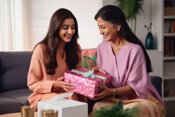 indian ethnic loving mother and daughter exchanging a gift box