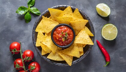 Mexican nacho chips and salsa dip in bowl top view - obrazy, fototapety, plakaty