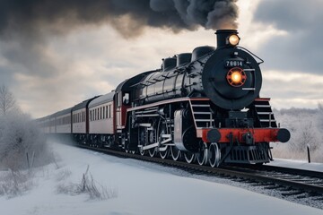 Fototapeta na wymiar Old style locomotive with steam engine on a winter landscape