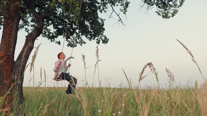 Dreaming preteen boy plays swings under high garden tree at sunset light