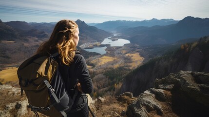 Fototapeta premium Young Woman with Backpack Overlooking a Valley from a Mountain Peak. generative AI