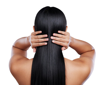 Woman, hair and beauty with shine, back and hairstyle isolated on a transparent background. Person, growth and model with cosmetics, texture or volume with hands, png and keratin with salon treatment