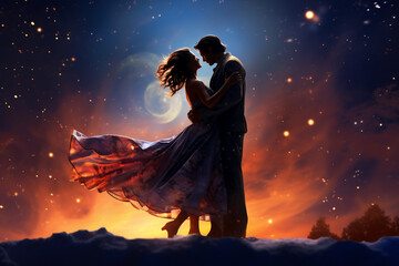 Fototapeta na wymiar Dancing Under the Starlit Sky: A Couple's Magical Valentine's Moment