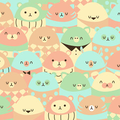 Fototapeta premium Illustration of cute round animals in pattern: cat, dog, piggy, monkey, bird, bear, panda