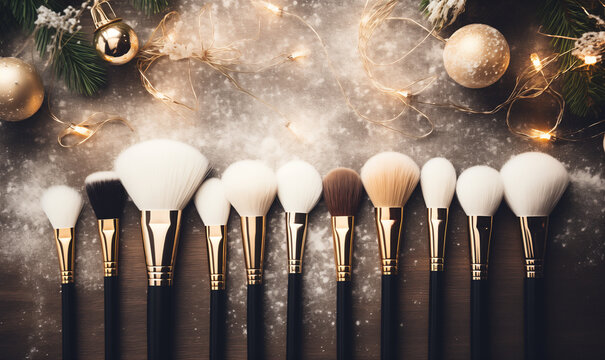 Set Of Make Up Brushes Near Christmas Tree, Flat Lay With Copy Space.