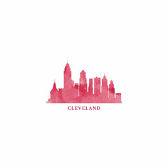 Naklejka premium Cleveland city US watercolor cityscape skyline panorama vector flat modern logo icon. USA, Ohio state of America emblem with landmarks and building silhouettes. Isolated red graphic