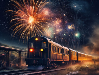 A picture of a train running on the tracks, at night with a view of fireworks and the sky. - obrazy, fototapety, plakaty