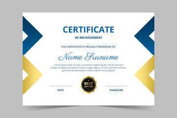 Modern elegant blue and gold certificate template. Appreciation for business and education. Vector illustration