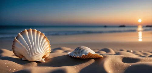 Foto auf Acrylglas Seashells in the sand on a picturesque beach, with a sunset over the horizon. © Kai Köpke