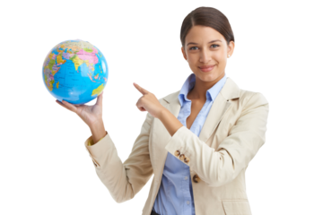 Business woman, globe and earth presentation for worldwide or international company in portrait. Professional worker pointing to map for geography and travel information on transparent png background
