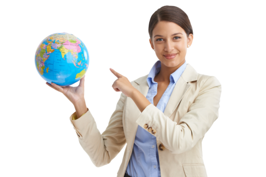 Business woman, globe and earth presentation for worldwide or international company in portrait. Professional worker pointing to map for geography and travel information on transparent png background