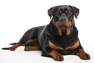 Photo of a regal Rottweiler with its distinctive markings against a spotless white background. Generative AI - obrazy, fototapety, plakaty