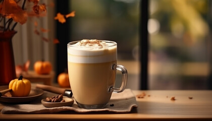 pumpkin latte with cinnamon and pumpkin on a dark background