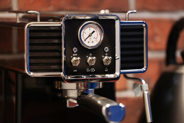 Close up photo of a coffee espresso machine pressure gauge. Vintage coffee machine.