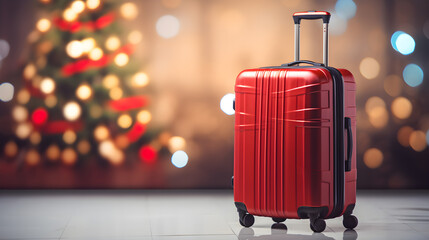 Red suitcase in modern airport with Christmas tree - obrazy, fototapety, plakaty