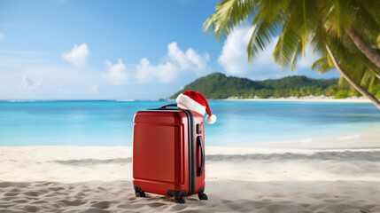 Red suitcase in Santa's hat on the tropical beach. Concept of Christmas or New year holidays