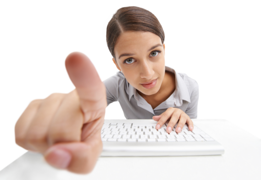 Portrait, woman and leaning to touch keyboard and screen or information technology button for online connection. Model, face and focus for finger to switch and isolated on transparent png background