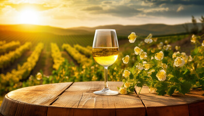 a glass of wine on a wooden barrel in front of a vineyard - obrazy, fototapety, plakaty