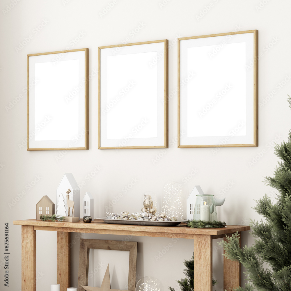 Wall mural three frame mockup christmas with decors