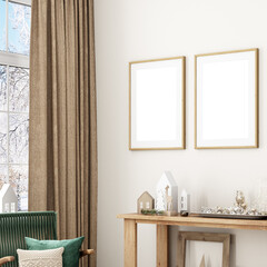 Obraz na płótnie Canvas Two frame mockup Christmas in living room with decors and green chair