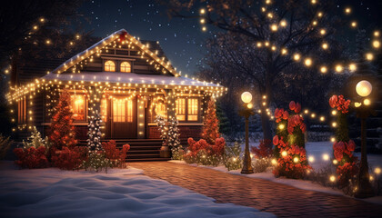 a house with christmas lights and white balls