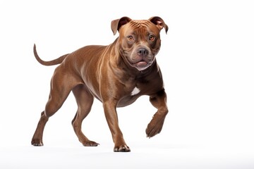 Photo of a spirited Staffordshire Bull Terrier in a dynamic stance on a spotless white background. Generative AI - obrazy, fototapety, plakaty