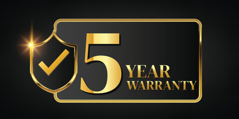 5 year warranty logo with golden banner and golden ribbon.Vector illustration.
