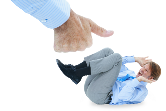 Businessman, thumbs up and scared for success with hand, big or gesture in encouragement for support. Boss, scream or shout with anxiety on isolated or transparent png background for safety in job