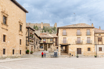 Peñaranda de Duero, Spain - October 13, 2023: views of the main square and the medieval historic center of the town of Peñaranda de Duero in the province of Burgos, Spain - obrazy, fototapety, plakaty