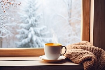 Obraz na płótnie Canvas Cup of coffee on the windowsill with knitted scarf on the background of the winter forest. ai generative