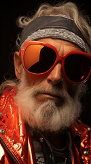 Stylish Senior Man with Orange Sunglasses and Silver Jacket

