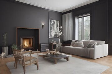 Fototapeta premium Wooden living room with magnificent fireplace and plants with stunning lighting