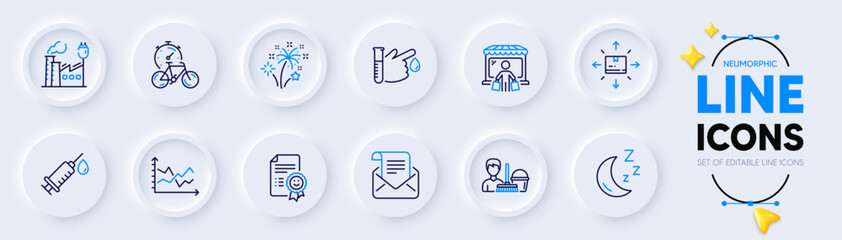 Fototapeta na wymiar Moon, Market buyer and Blood donation line icons for web app. Pack of Smile, Bike timer, Cleaning service pictogram icons. Medical syringe, Mail newsletter, Diagram chart signs. Factory. Vector