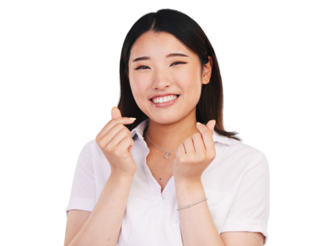 Happy, woman or portrait with snap fingers as gesture, romance or care with kindness on date. Face, japanese person and smile in emoji for valentines day and isolated on transparent png background