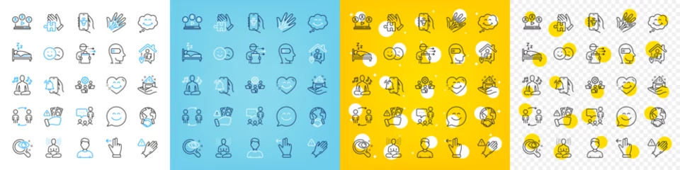 Foto op Canvas Vector icons set of Vision test, Fraud and Work home line icons pack for web with Food delivery, Global business, Skin care outline icon. Smile face, Alarm clock, Sleep pictogram. Yoga. Vector © blankstock