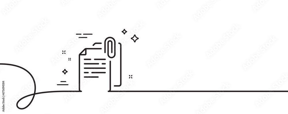 Poster document attachment line icon. continuous one line with curl. file with paper clip sign. office note