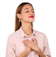 Hands on chest, thank you and woman with hope sign on isolated, transparent or png background. Self...