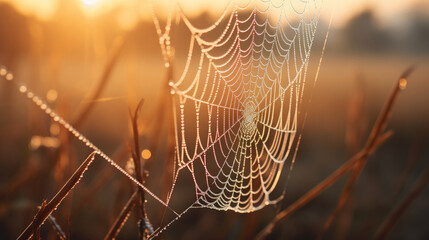 spider web in the morning dew,Cold dew condensing on a spider web - obrazy, fototapety, plakaty