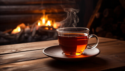 a cup of tea with lemon slices and cinnamon sticks - obrazy, fototapety, plakaty