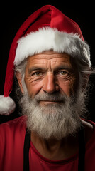 Naklejka premium Portrait of Smiling Man Dressed as Santa Claus Against Dark Background