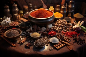 Close-up view of different spices and herbs. Soft focus.