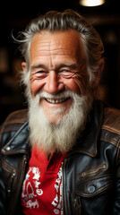 Obraz premium Joyful Elderly Man with a White Beard in Leather Jacket