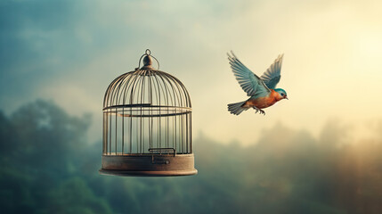 Bird cage empty, bird escape, freedom concept,Escaping from the cage - obrazy, fototapety, plakaty