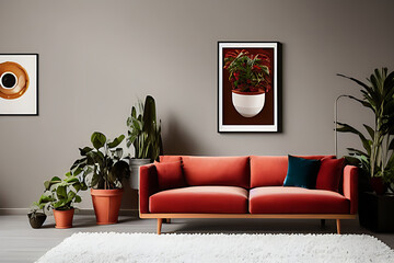 A Crimson Couch and Coffee Table, Potted Plants, Brown Theme Wall with Vertical Blank Poster in a Minimalist Room