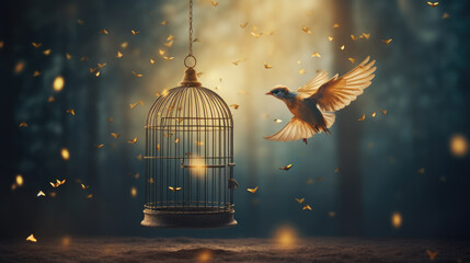 Bird cage empty, bird escape, freedom concept,Escaping from the cage - obrazy, fototapety, plakaty